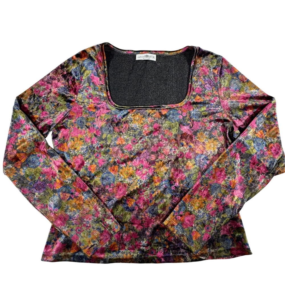 Natural Life Floral Velvet Square Neck Long Sleeve Top Women's XL Boho Whimsical